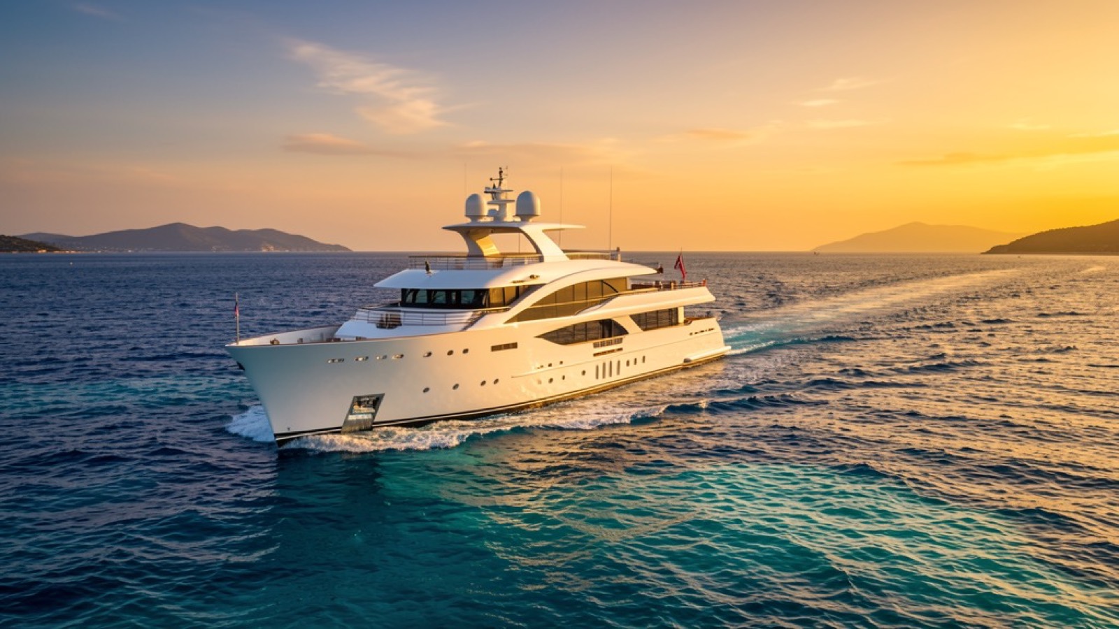 Motor yacht cruising at sunset